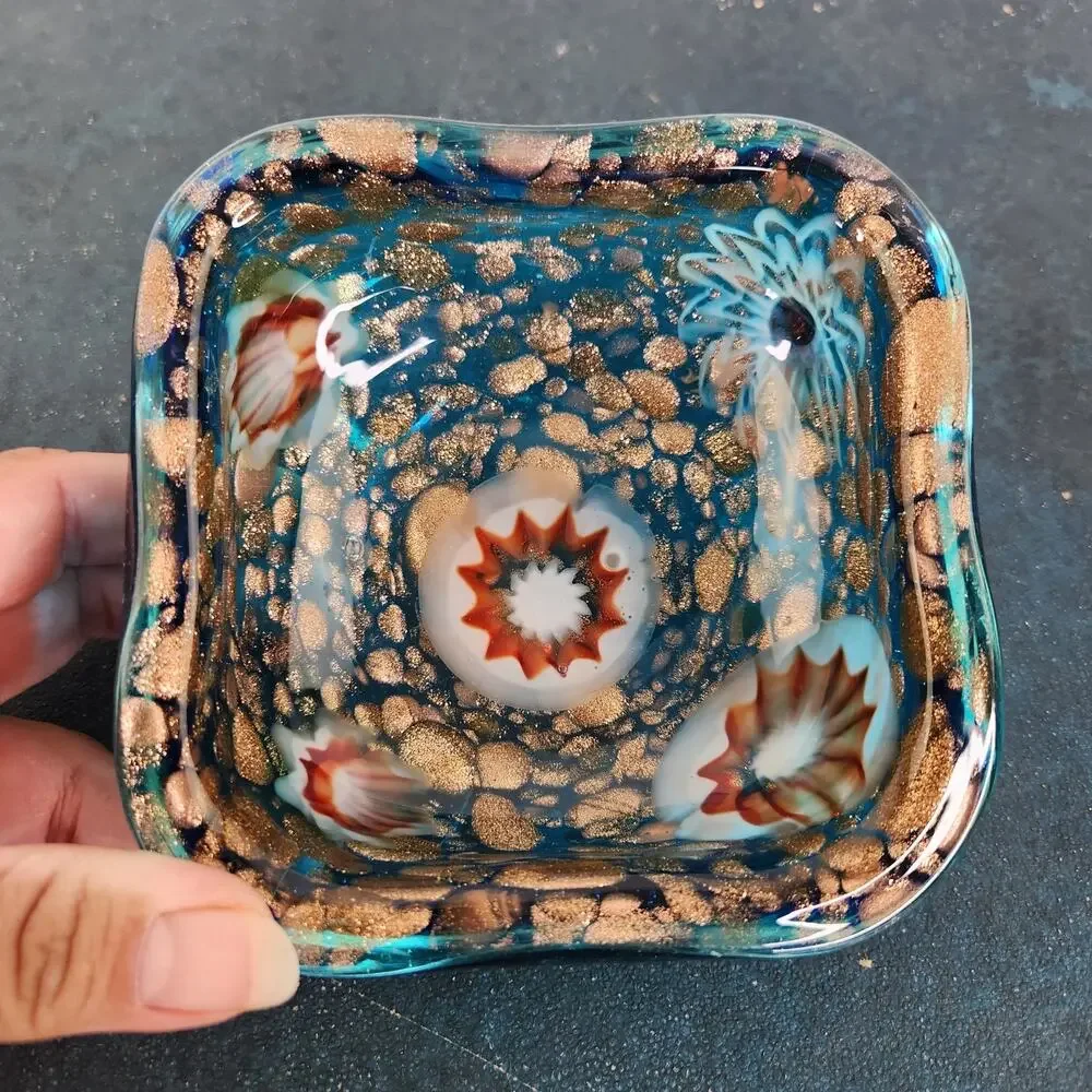 VTG Murano Tutti Frutti Blue Bowl Ashtray Trinket Dish Holder Home Decor